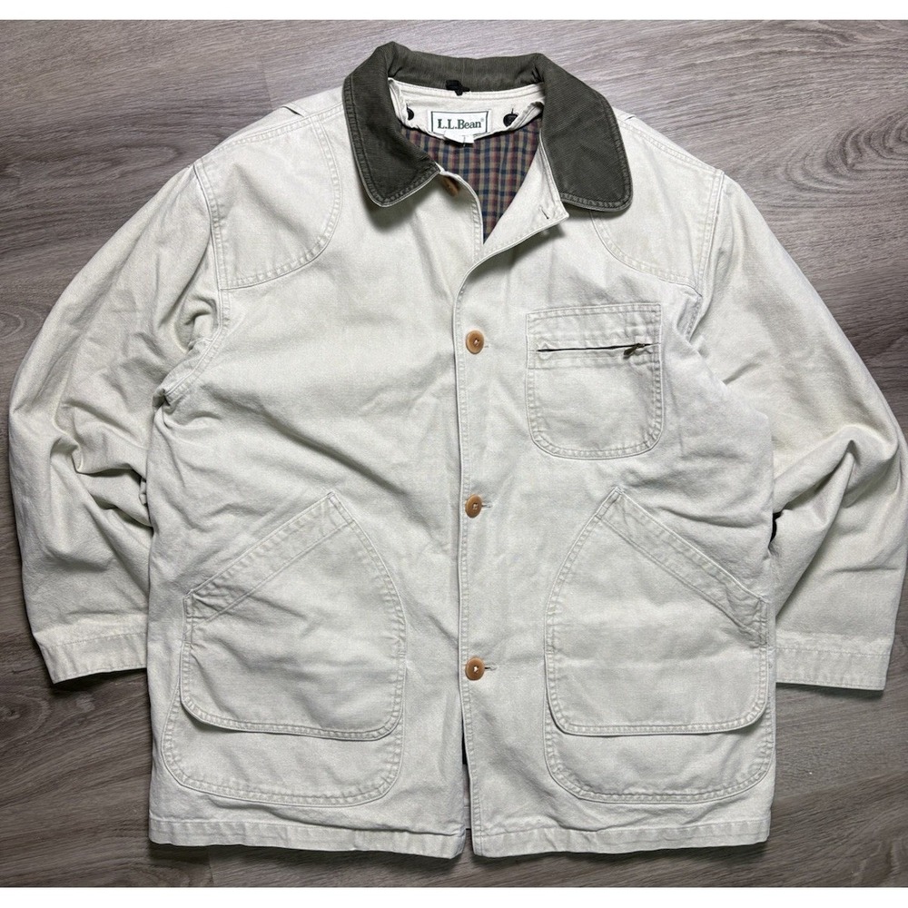 Vintage LL Bean Chore Coat Mens L Beige Canvas Barn Jacket Flannel Lined Maine